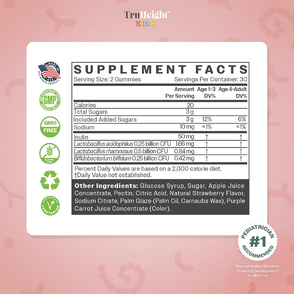 TruHeight Kids Prebiotic & Probiotic Gummies Ages 2+ (Strawberry Flavor) Toddlers & Kids All Natural Gut Health, Digestive Enzymes, Stomache Ache, Constipation Relief Supplement - Pediatric Vitamins