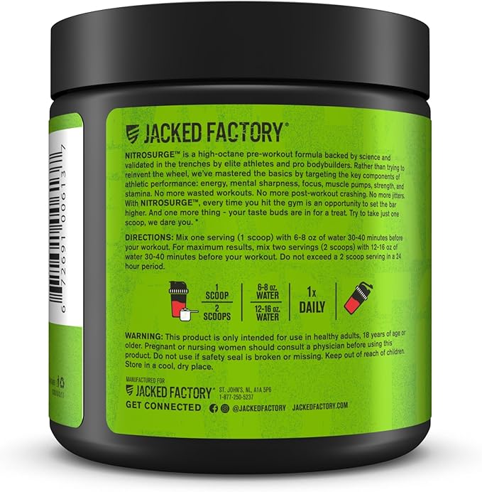 Jacked Factory NITROSURGE Pre Workout Supplement - Endless Energy, Instant Strength Gains, Clear Focus, Intense Pumps - NO Booster & Preworkout Powder with Beta Alanine - 10 Servings, Cherry Limeade