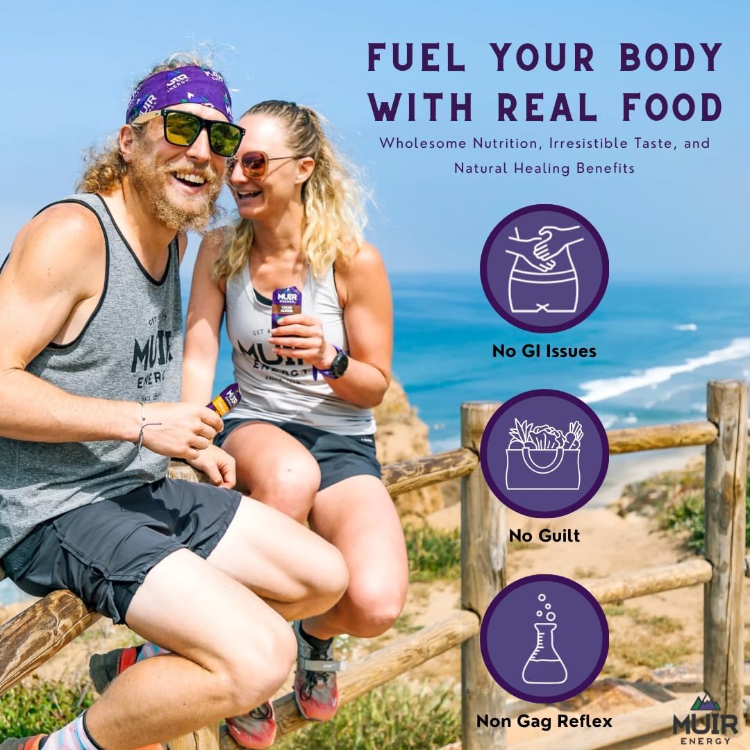 MUIR Slow Burn Variety Gel Pack - 24 Count (12 Cacao Almond, 12 Cashew Vanilla Mate) - Organic Real Food Energy Gel for Running, Cycling & Endurance - Long-Lasting, Easy-to-Digest, Vegan, Non-GMO