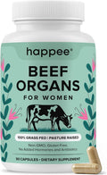 Happee Grass Fed Beef Organ Supplement for Women - Beef Liver, Heart, Kidney, Ovary & Uterus Blend - Hormone Balance, Energy & Wellness Support - Nutrient Rich Superfood - 90 Capsules