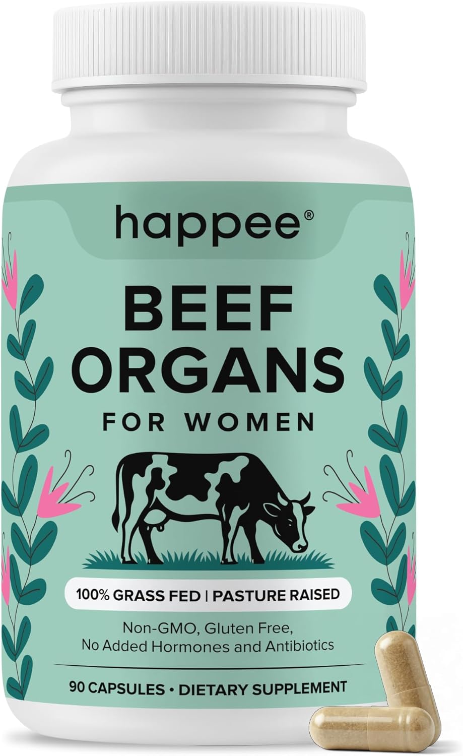 Happee Grass Fed Beef Organ Supplement for Women - Beef Liver, Heart, Kidney, Ovary & Uterus Blend - Hormone Balance, Energy & Wellness Support - Nutrient Rich Superfood - 90 Capsules