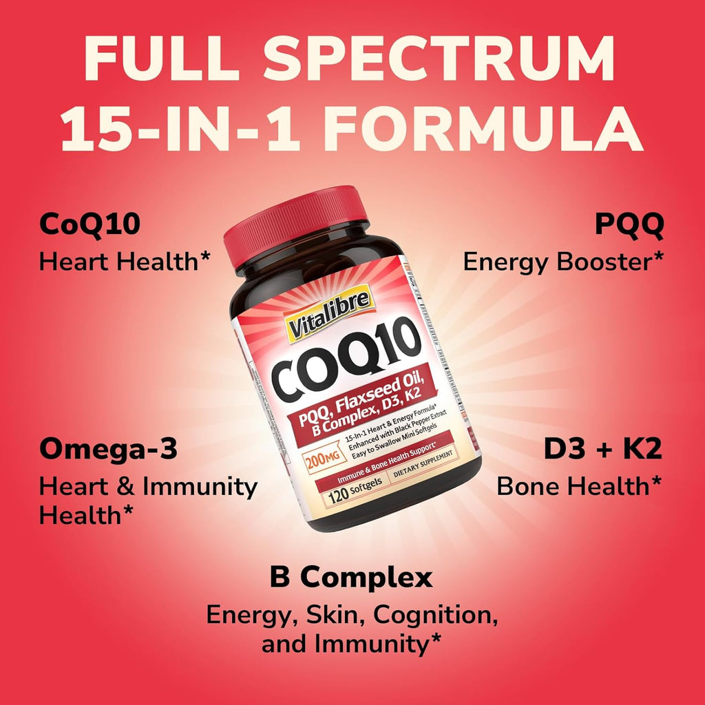 CoQ10 200mg, Ubiquinone with PQQ, Folate, Niacin, K2, D3, Black Pepper, High Absorption, Powerful Antioxidant, Heart Health, Energy Booster, Immunity, 120 Easy to Swallow Softgels