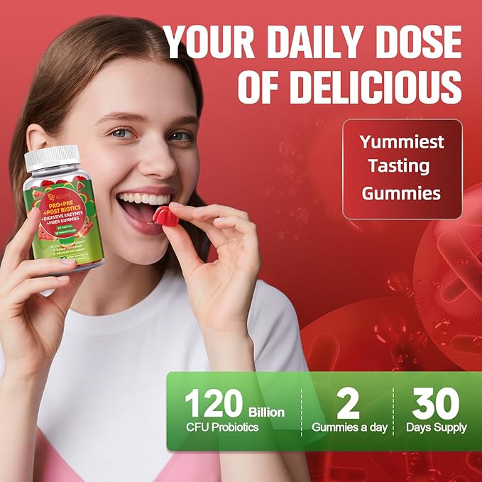 Pre Post Probiotics Gummies, 5 in 1 Probiotic Prebiotic Postbiotic Digestive Enzymes with Fiber, 120 Billion CFU Probiotics - Digestive Health, Sugar Free, Vegan, Watermelon, 60 Gummies