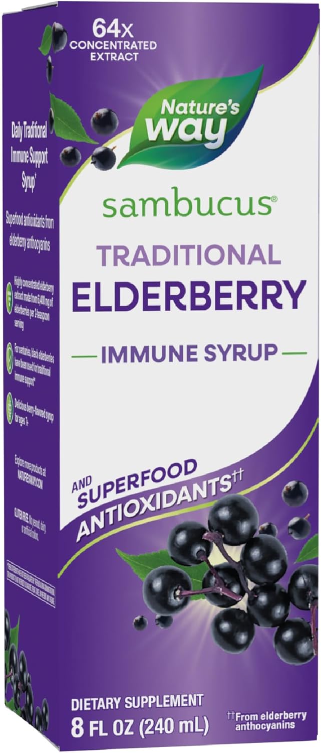 Nature’s Way Sambucus Elderberry Traditional Immune Syrup, Highly Concentrated Black Elderberry Extract, Traditional Immune Support*, Delicious Berry Flavored, 8 Fl Oz (Packaging May Vary)