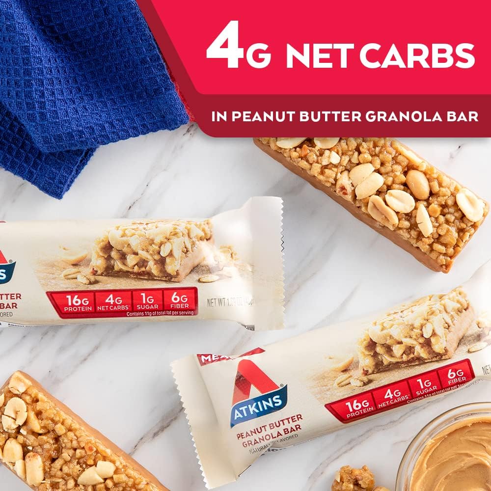 Atkins Peanut Butter Granola High Protein Bar, High Fiber , 16g Protein, 1g Sugar, 4g Net Carb, Keto Friendly, 12 Count