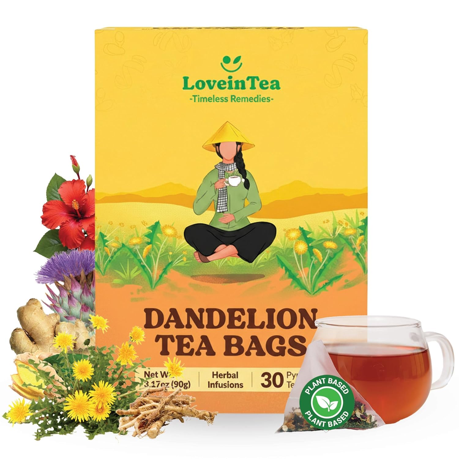 LoveinTea Dandelion Herbal Tea Bags, Detox Tea, 100% Natural Vietnamese Dandelion Blend, Caffeine-Free, Plant-Based Pyramid Bags, 30 Count