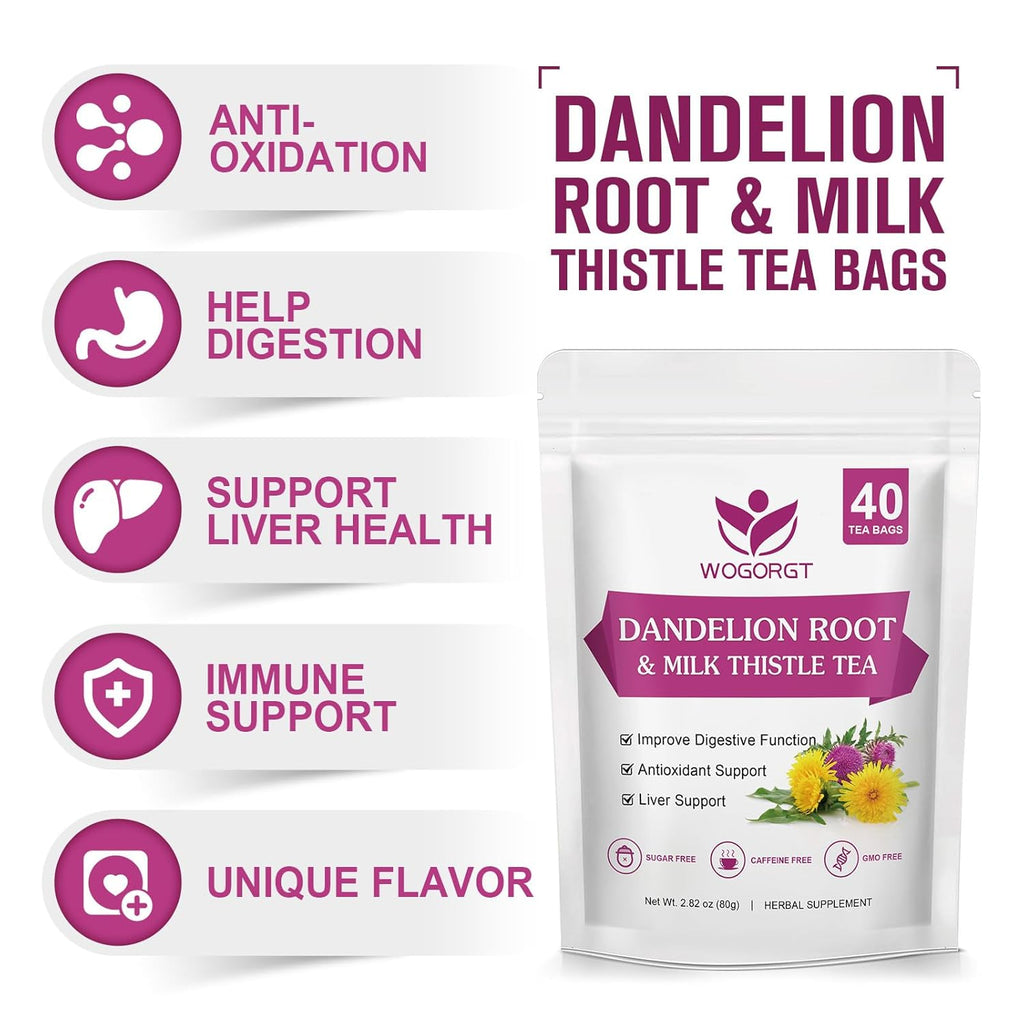 Dandelion Root with Milk Thistle Tea Bags - Natural Dried Dandelion Root and Milk Thistle Herbal Tea bags for Liver Cleanse, Antioxidant and Immune Support, Caffeine Free - 40 Tea Bags