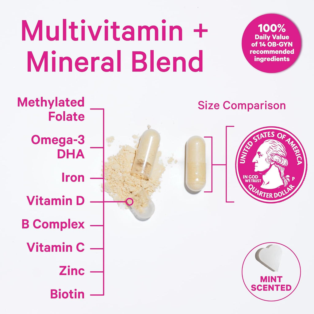 Pink Stork Total Prenatal Vitamins with DHA, Folate, Iron, Choline, and Vitamin B12 - Preconception Nutrition - Prenatals for Women, Pregnancy Must Haves - Mint Essence, 180 Capsules, 3 Month Supply