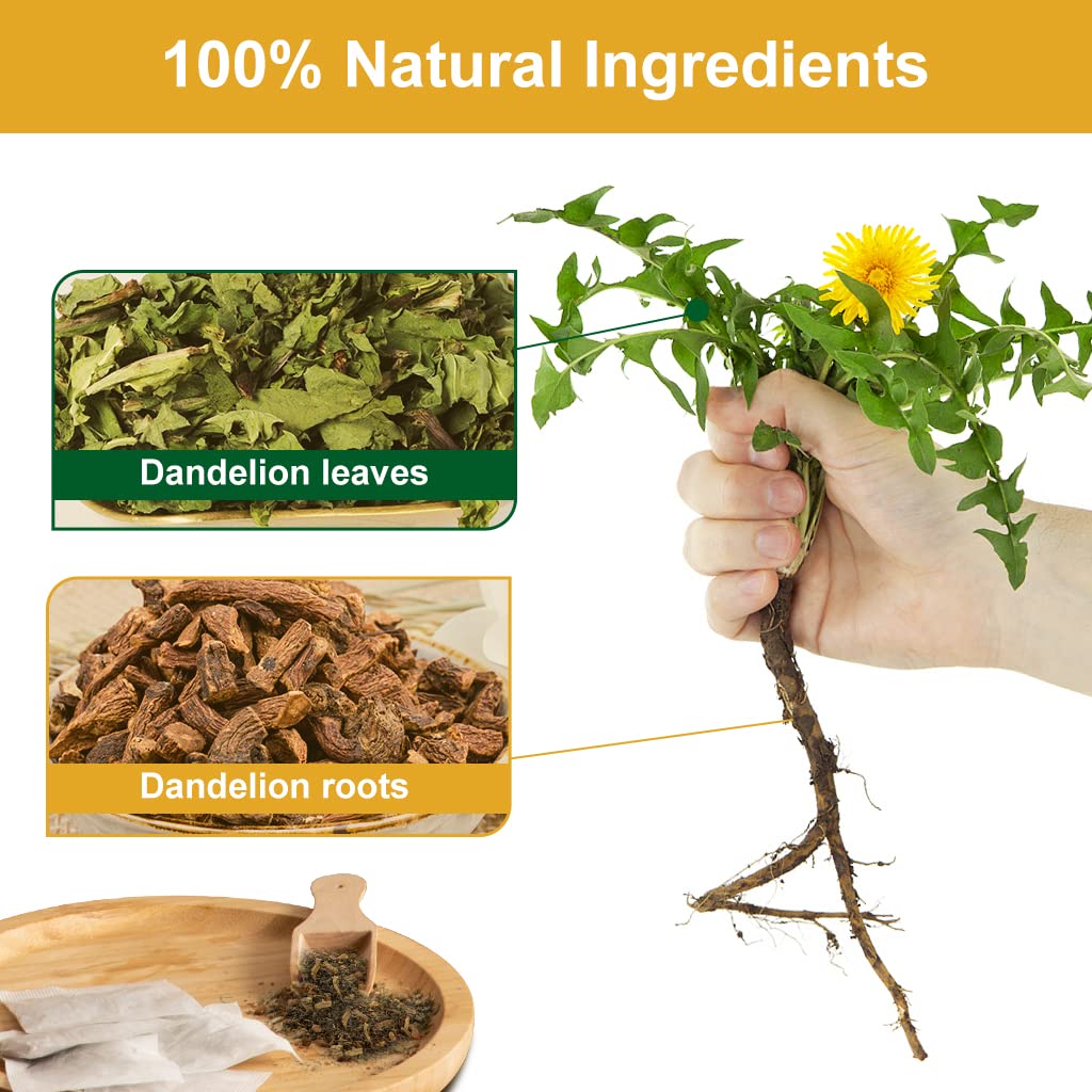 Premium Dandelion Leaf & Root Tea, Dandelion Herbal Tea for Liver Support, Antioxidant, Digestion and Immune Support, Traditional Diuretic Detox Tea, Caffeine Free, 40 Bags/80g