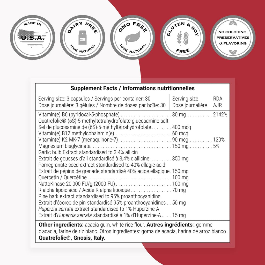 Supersmart Triple Protect (Advanced Formula) - with Quatrefolic, Magnesium, Garlic, Quercetin, Vitamin B6, B12 - Folate Supplement | Non-GMO & Gluten Free - 90 Vegetarian Capsules