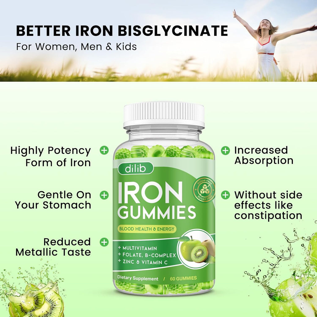 Iron Gummies with Multivitamin, Iron Supplement for Women & Men with Zinc, Vitamin B Complex & C, B12, Folate - Blood Builder & Energy Support for Adults & Kids - Green Apple & Kiwi Filled Gummies