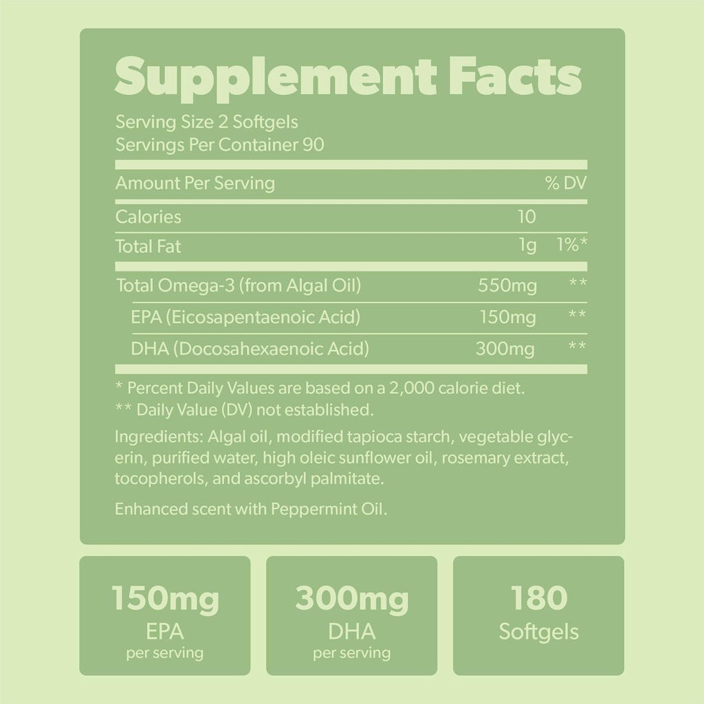 Vegan Omega 3 Supplement - Plant Based DHA & EPA Fatty Acids - Carrageenan Free, Alternative to Fish Oil, Supports Heart, Brain, Joint Health - Sustainably Sourced Algae, Fish Oil Free - 180 Softgels