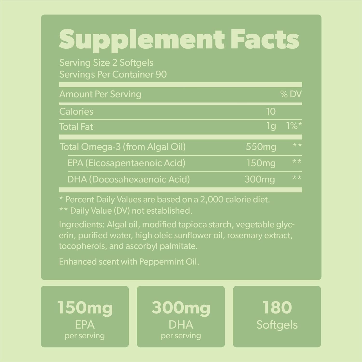 Vegan Omega 3 Supplement - Plant Based DHA & EPA Fatty Acids - Carrageenan Free, Alternative to Fish Oil, Supports Heart, Brain, Joint Health - Sustainably Sourced Algae, Fish Oil Free - 180 Softgels