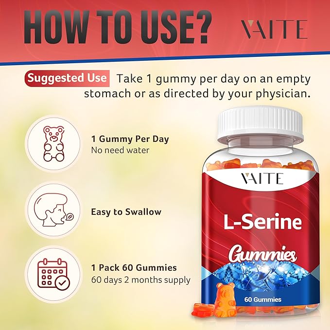 L-Serine Gummies 1000mg - Pure L Serine Supplement for Cognitive Function and Nervous System Health, Phosphorylated LSerine Supplements for Brain Support, Non-GMO, Gluten Free, 60 Vegetarian Gummy
