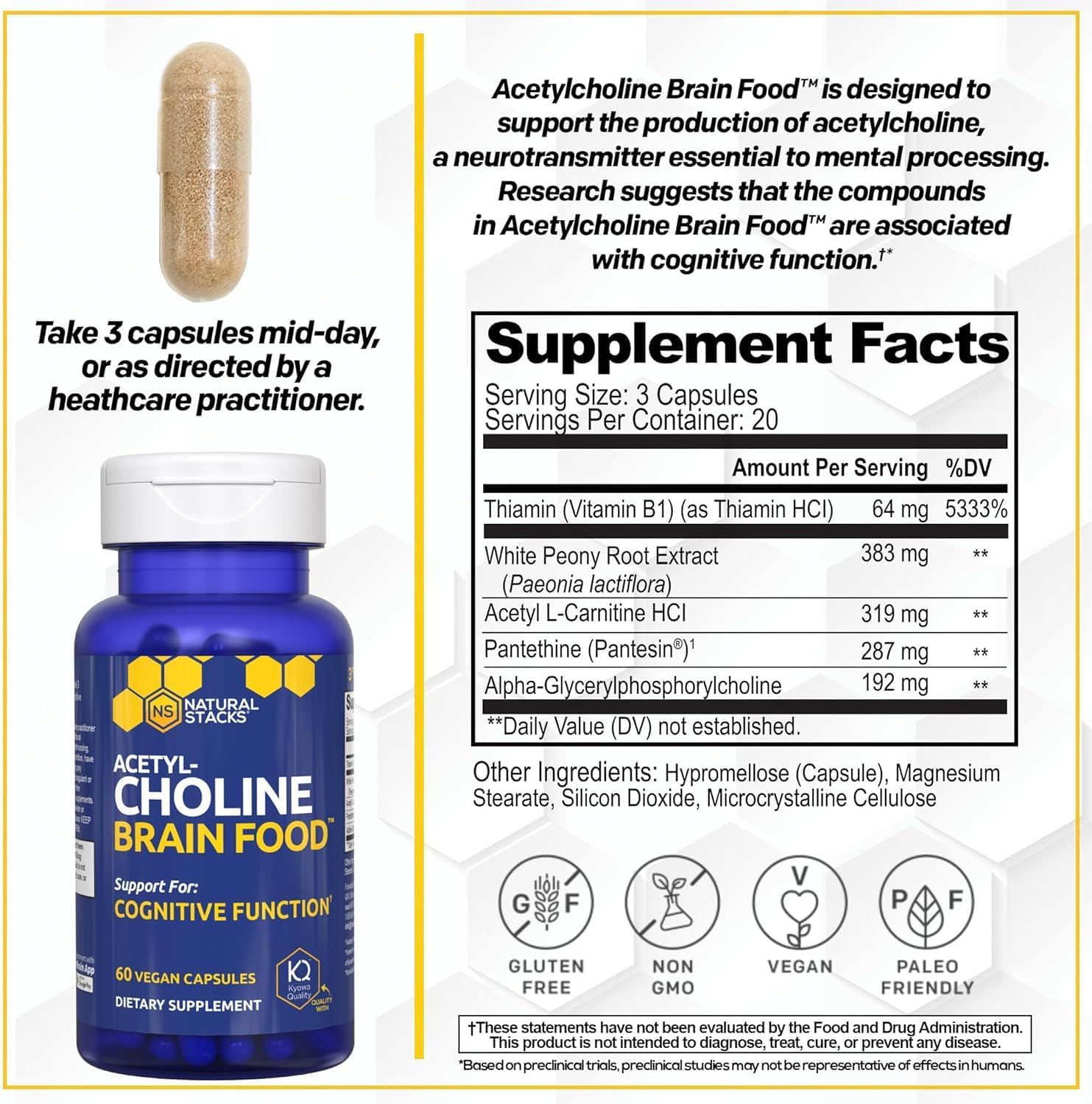 Acetylcholine Brain Food - Acetyl L-Carnitine & Alpha GPC Supplement - Supports Production of Acetylcholine - Neurotransmitter Supplement for Cognitive Function - 120 Capsules