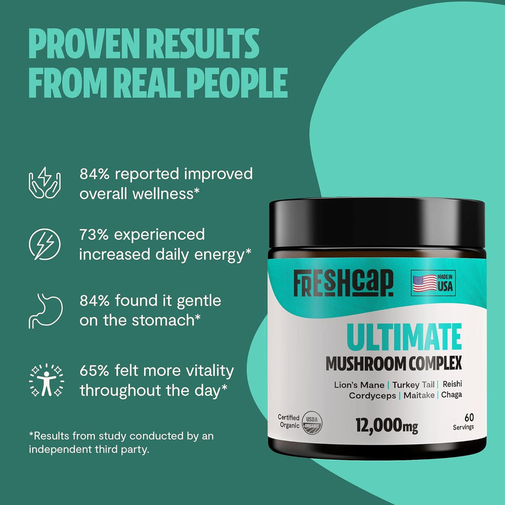FreshCap Mushrooms Ultimate Mushroom Supplement Powder 12,000mg - Nootropic Organic Mushroom Complex for Focus & Memory, Brain Support Supplement, Ayurveda Mushroom Powder Extract (60 Servings)