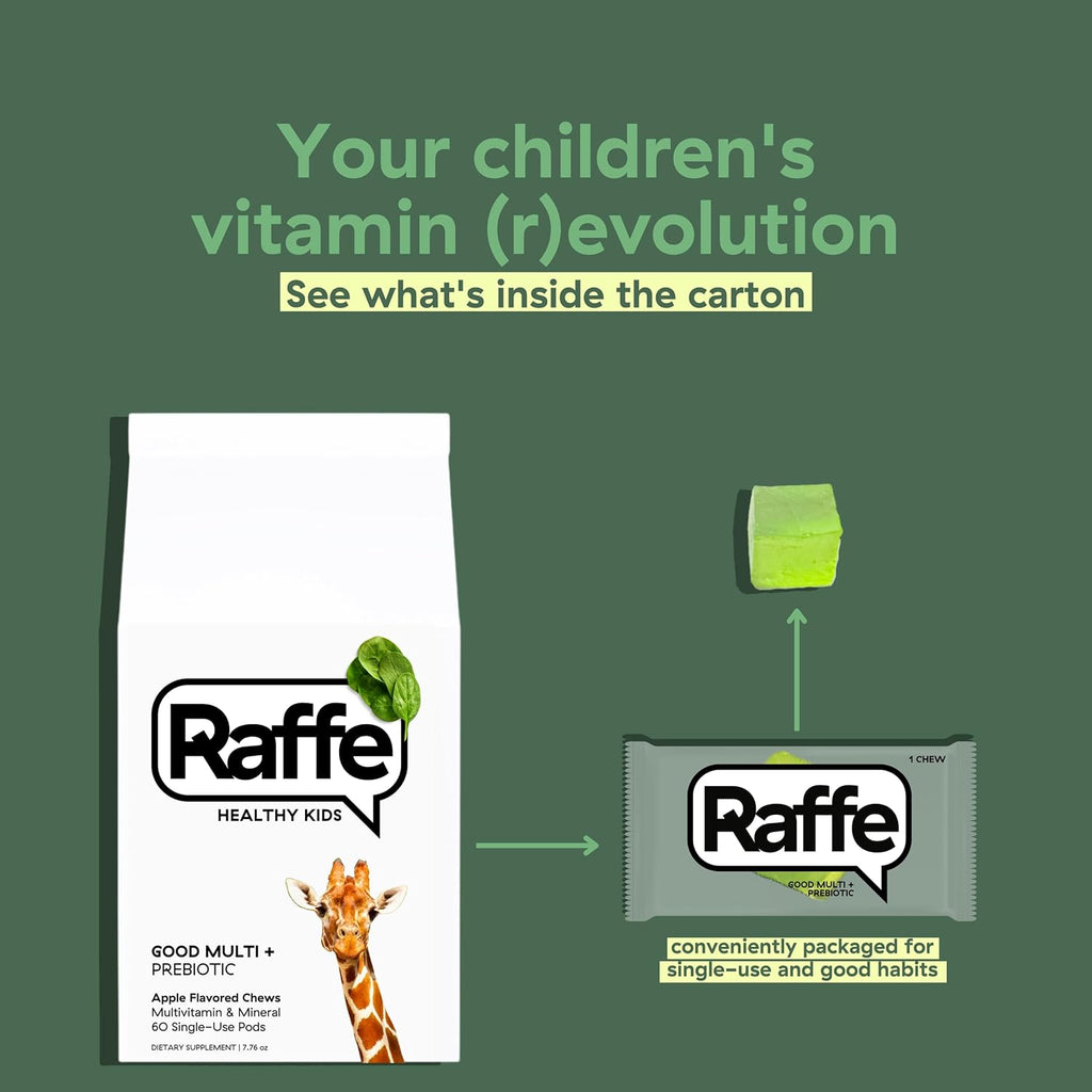 Raffe Kids Vitamins with Prebiotics - Sugar-Free Chewable Kids Multivitamin with 50mg Omega 3 DHA, 3g Fiber, Iron & Folate, Supports Immunity & Digestive Health, Vegan-Friendly | 60 Chews
