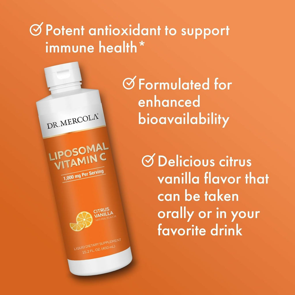 Dr. Mercola Liquid Liposomal Vitamin C - Antioxidant & Immune Support Supplement - Includes Vitamin E - GMO-Free, Gluten-Free & Soy-Free - Citrus Vanilla Flavor - 450 mL (30 Servings)