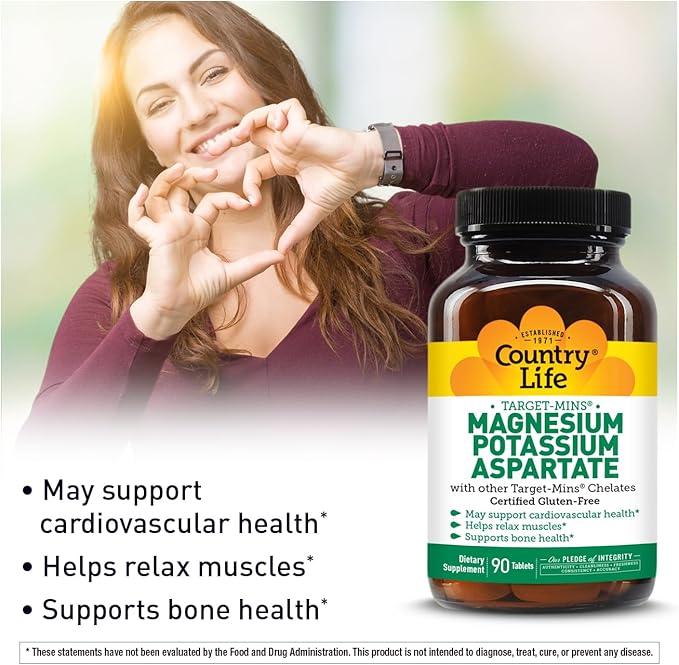 Country Life Target-Mins Magnesium Potassium Aspartate, 600mg/198mg, 90 Tablets, Certified Gluten Free, Certified Vegan