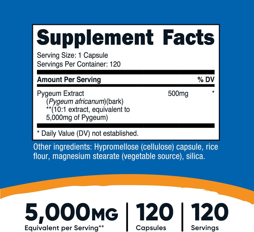 Nutricost Pygeum Extract 5000mg Equivalent, 120 Capsules (from 500mg of 10:1 Extract) - Veggie Capsules, Non-GMO, Gluten Free, Vegetarian Friendly