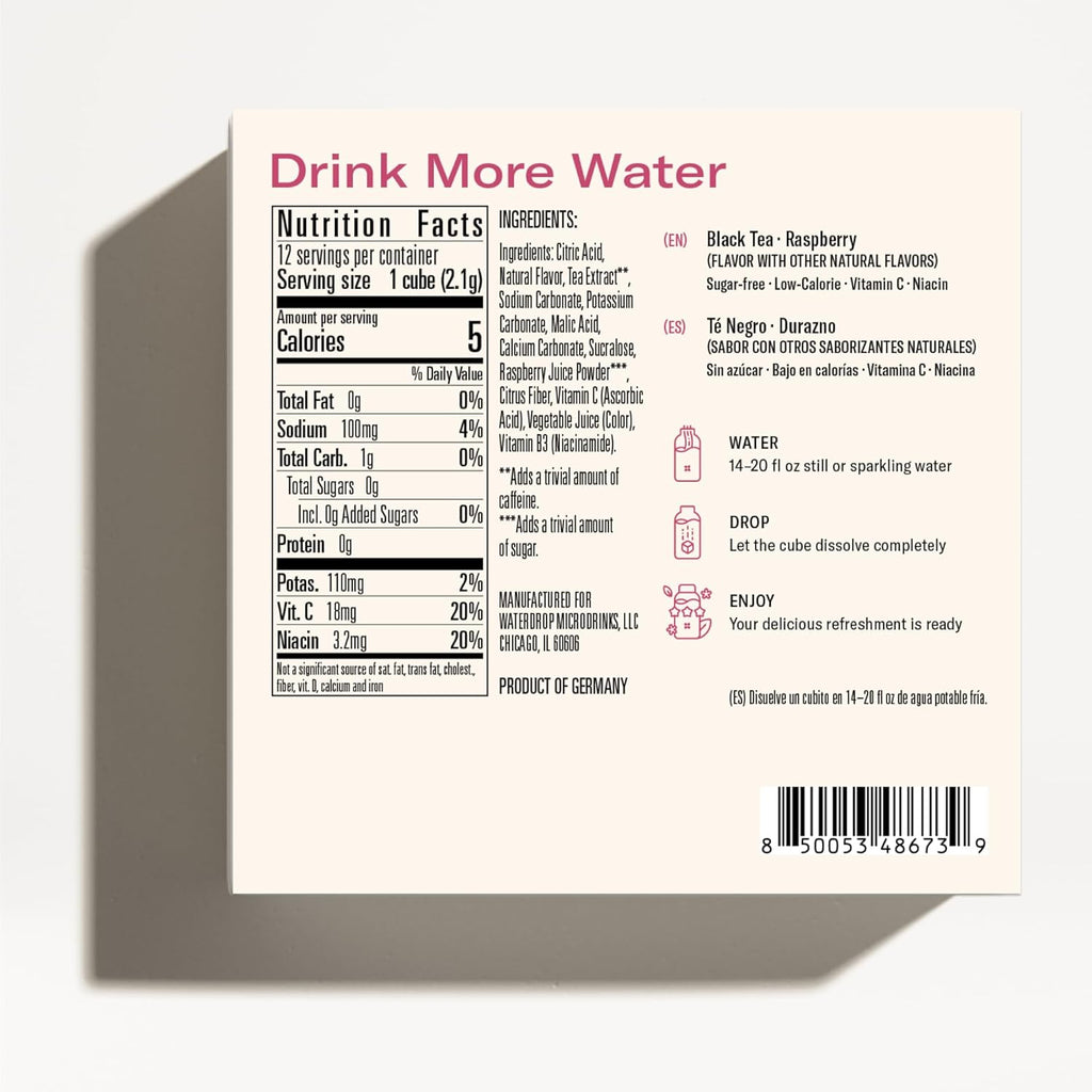 Waterdrop Hydration Cubes, Iced Tea Raspberry, 230 MG Electrolyte & Vitamin Blend Drops for Still & Sparkling Water, Vitamin C & B3, On The Go, Low Calorie, Zero Sugar, Non GMO & Gluten Free, 24 CT