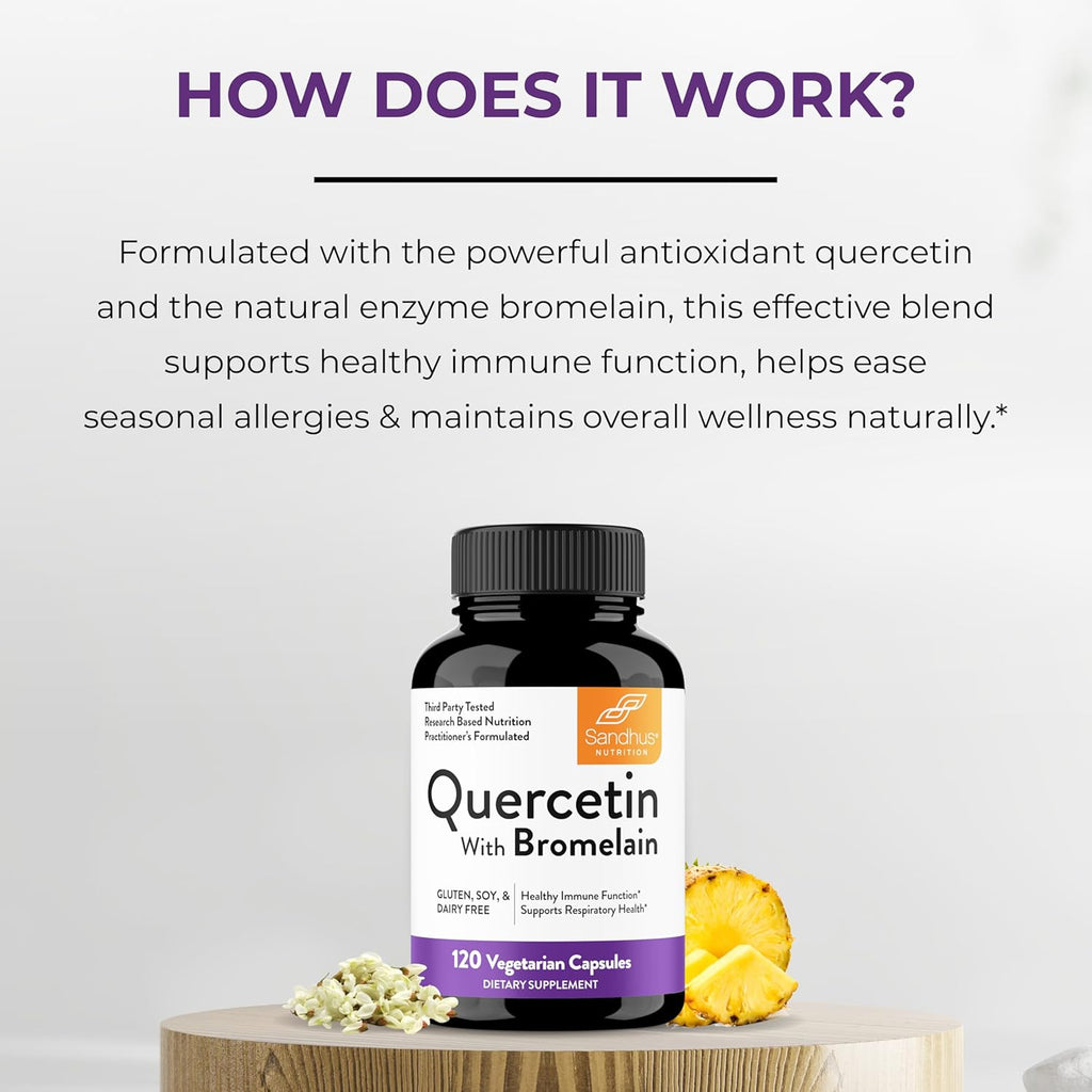 Sandhu's Quercetin with Bromelain Vegetarian Capsules Supplements 120 Count (Pack of 1) | Bioflavonoids for Immune Support & Respiratory Health, Seasonal Allergy Support | Quercitin for Men and Women