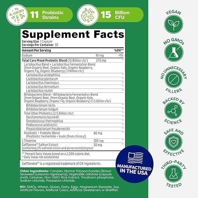 Probulin Mood Probiotics for Women with Saffron, L Theanine, Probiotic, Prebiotic, Postbiotic - Mood Support Supplement & Gut Support - Vegan, Non GMO, 30 Capsules