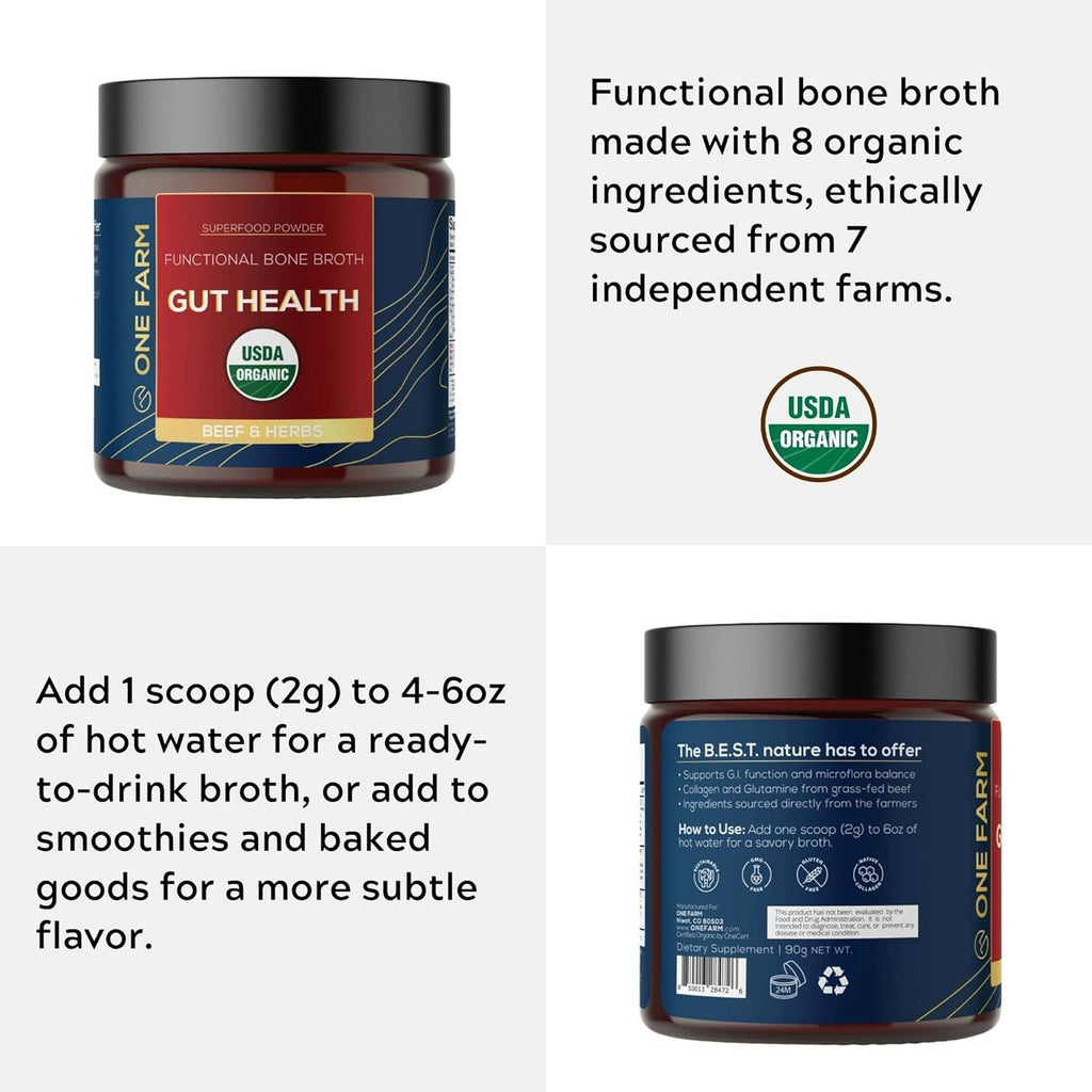 One Farm Superfood Powder Gut Health, Organic Gut Soothing Blend and Prebiotic Blend, Non-GMO, Prebiotics with Bone Broth, Turkey Tail Mushroom, Slippery Elm, and Marshmallow Root for GI Health