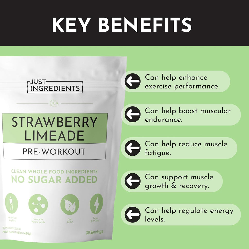 Pre-Workout Strawberry Limeade | 30 Servings | 150 mg Caffeine Per Serving | Made with Real Ingredients | Gluten-Free | No Artificial Sweeteners, Dyes, or Preservatives | Supports Energy & Recovery