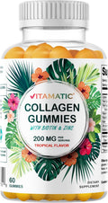 Vitamatic Hydrolyzed Collagen Gummies with Vitamin C, Zinc and Biotin, 200 mg - Healthy Skin Support - 60 Gummies