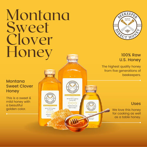 Beekeeper Direct Raw Unfiltered Honey - Real Raw Sweet Clover Honey - All Natural Non-GMO Pure Gourmet Honey - Local Montana Clover Honey (1lbs Squeeze Bottle)