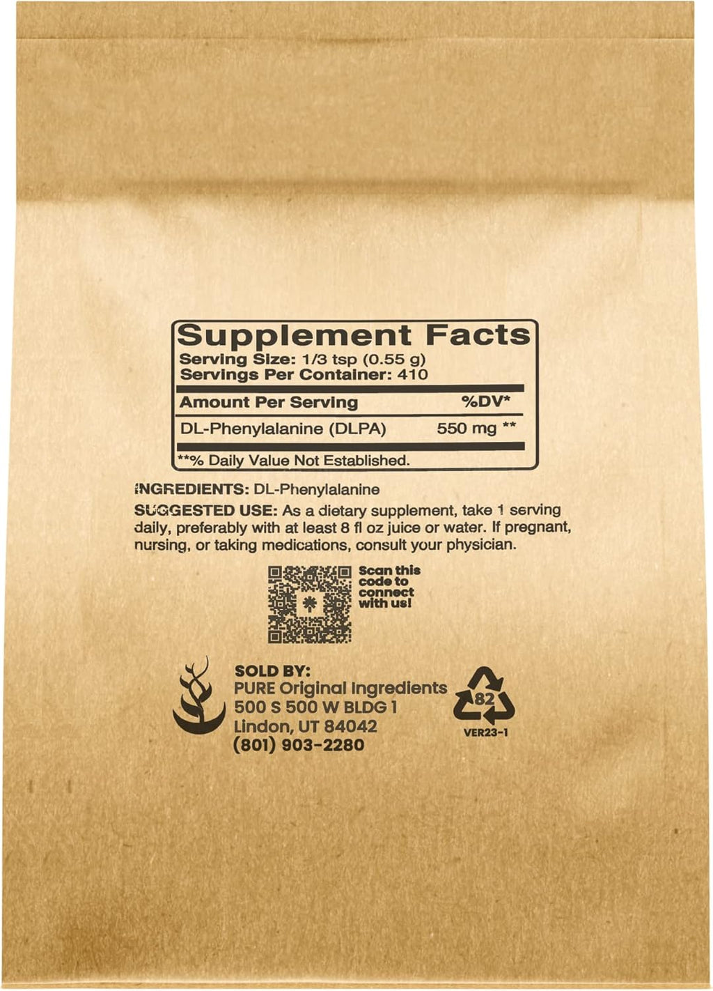 Pure Original Ingredients DL-Phenylalanine Powder (8 oz) Always Pure, No Fillers or Additives