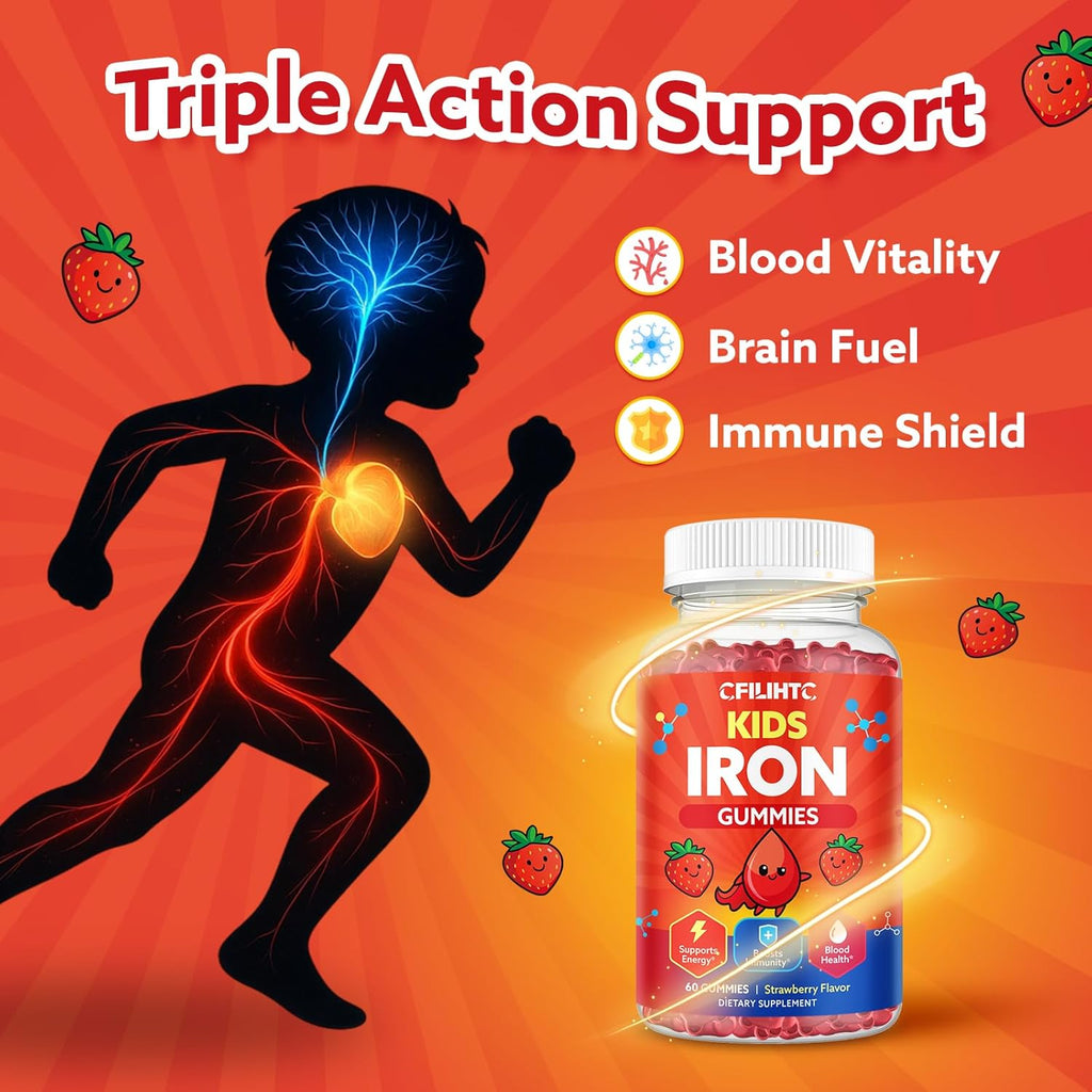 Iron Gummies for Kids & Teens, Kids Multivitamin with Iron Supplement, Calcium, Folate, Zinc, Prebiotic - for Blood Builder & Energy Support, Iron Deficiency - Vegan & Non-GMO - 60 Count
