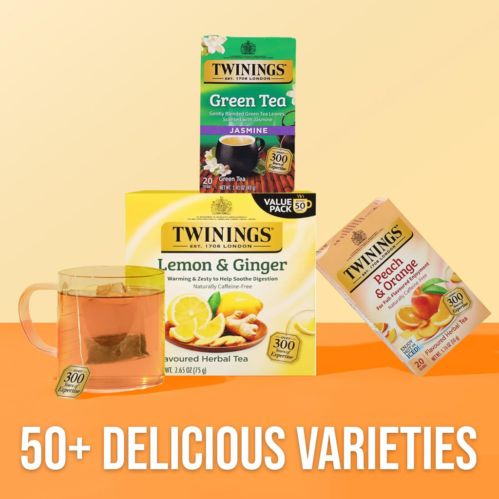 Twinings Peach & Orange Herbal Tea Individually Wrapped Bags, 20 Count (Pack of 1), Juicy & Fruity, Naturally Caffeine-Free, Enjoy Hot or Iced, 20 Teabags