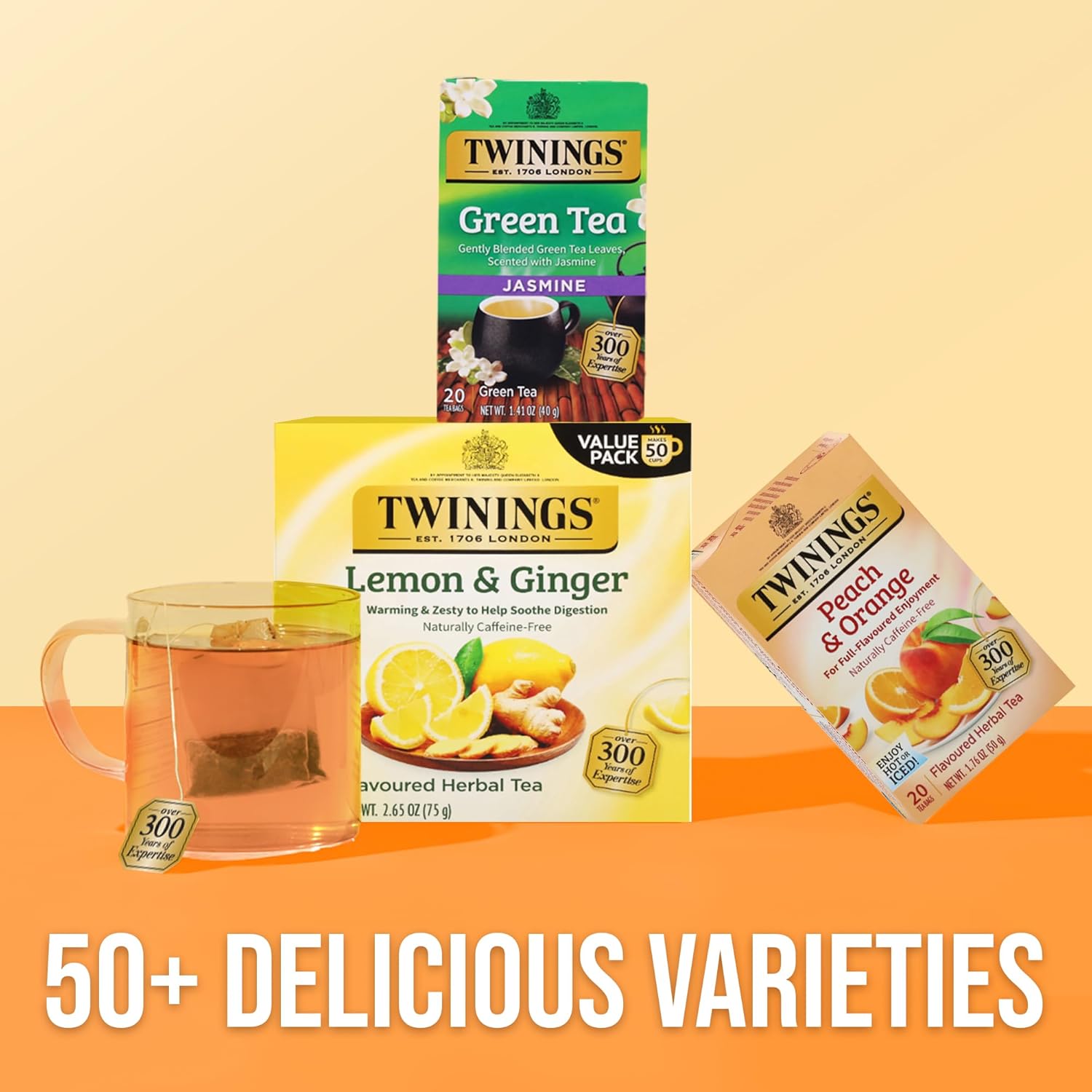 Twinings Peach & Orange Herbal Tea Individually Wrapped Bags, 20 Count (Pack of 2), Juicy & Fruity, Naturally Caffeine-Free, Enjoy Hot or Iced, 20 Teabags