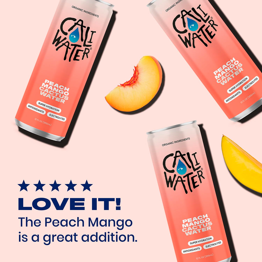Caliwater - Organic Cactus Water - Peach Mango - 6g Sugar, 30 Calories - Coconut Water Alternative - Natural Plant Based Hydration - Skin Care, Electrolyte Drinks - Flavored Water - 12 Cans
