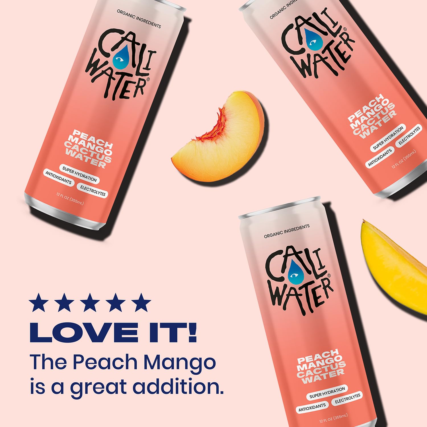 Caliwater - Organic Cactus Water - Peach Mango - 6g Sugar, 30 Calories - Coconut Water Alternative - Natural Plant Based Hydration - Skin Care, Electrolyte Drinks - Flavored Water - 12 Cans
