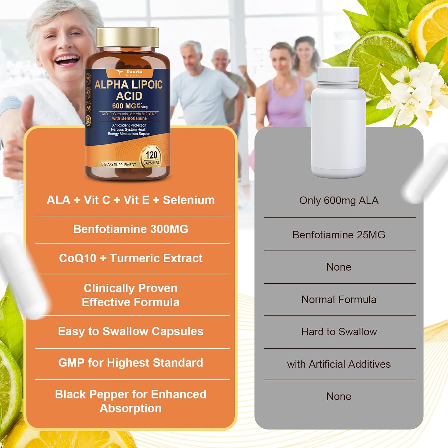 Alpha Lipoic Acid 600mg with Benfotiamine 300mg - ALA Supplement for Neuropathy Support Nerve Health & Antioxidant, Cell Energy, Metabolism and Anti-Aging, Non-GMO, Gluten Free, Vegan 120 Counts