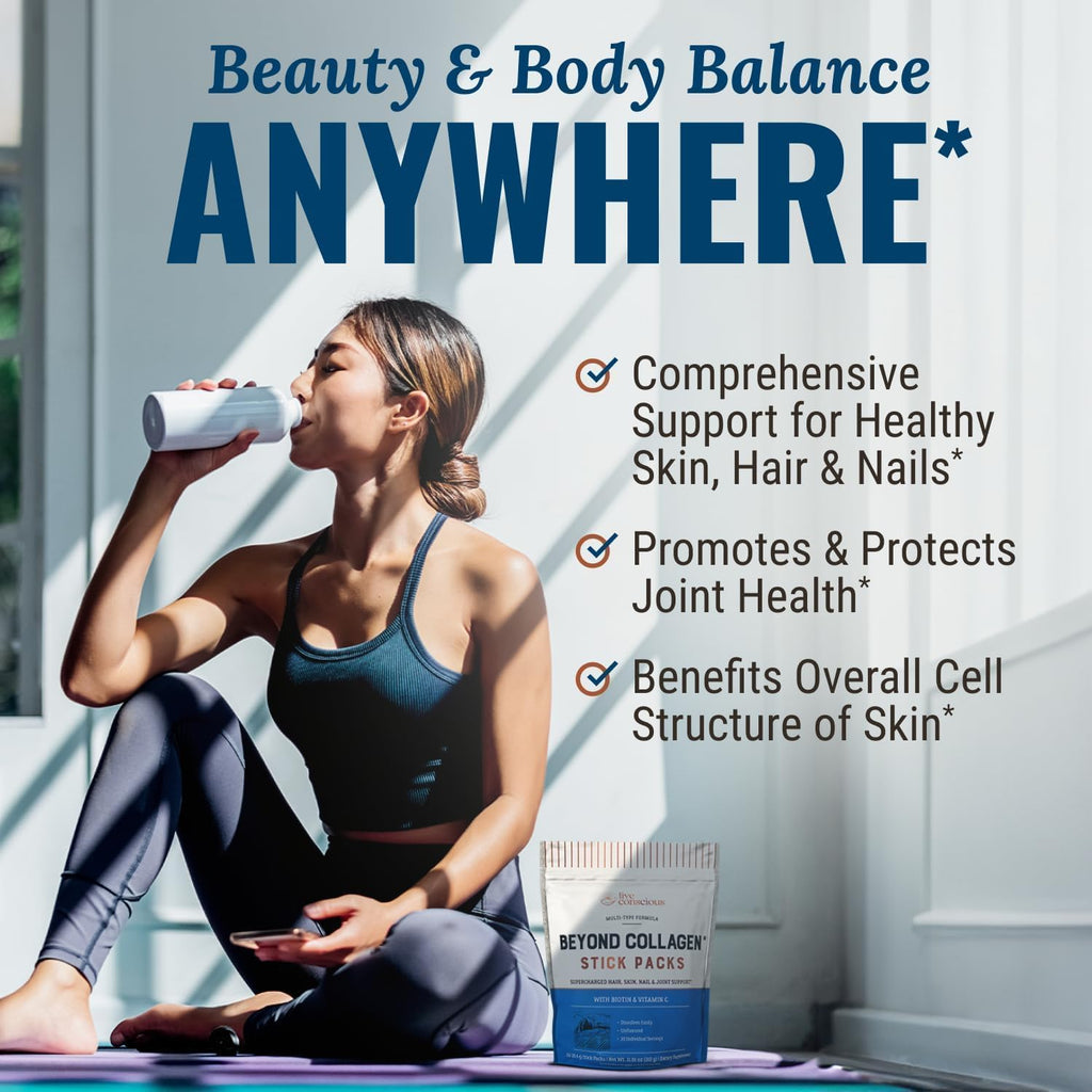 Live Conscious Beyond Collagen Peptides Powder Unflavored Packets-Hydrolyzed Collagen Powder-Hair Skin Nail & Joint Support- Multi Type Collagen Supplements for Women & Men 30 Pack (2pk)