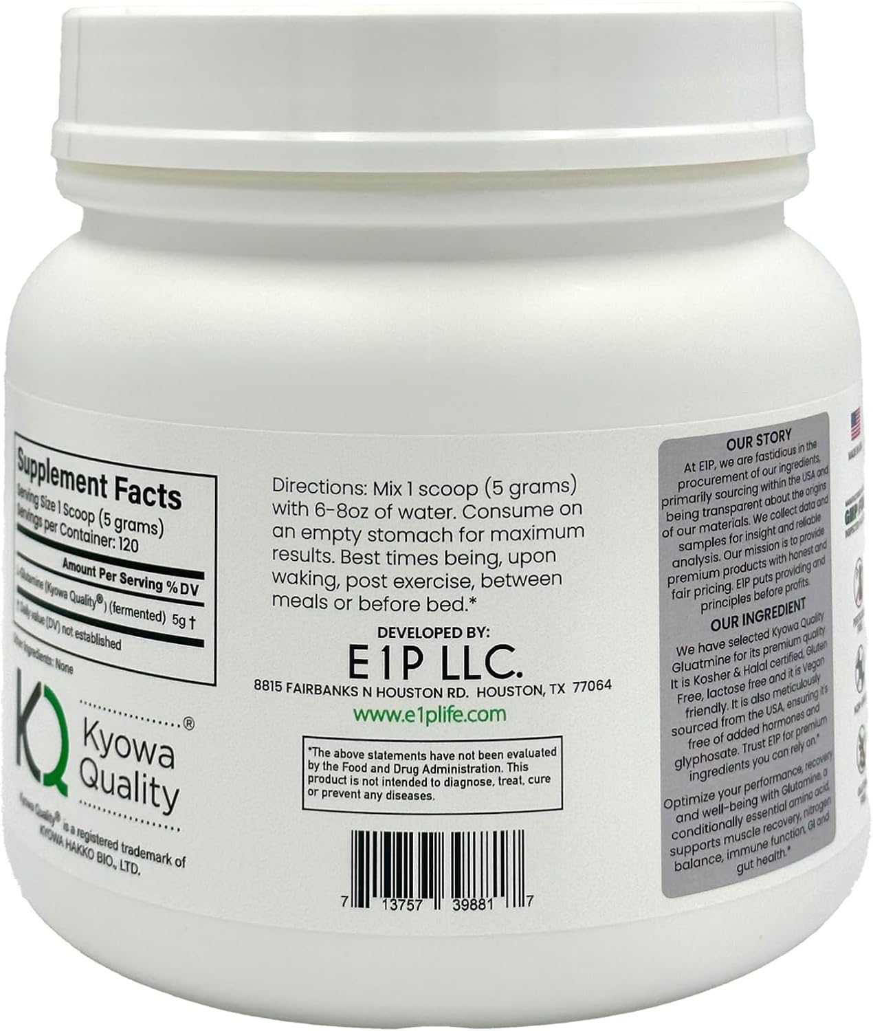 L-Glutamine 600grams (120 Servings) Unflavored, Non-GMO, Vegan Fermented, Third-Party Lab Tested. Made with Halal and Kosher Certified Ingredients.
