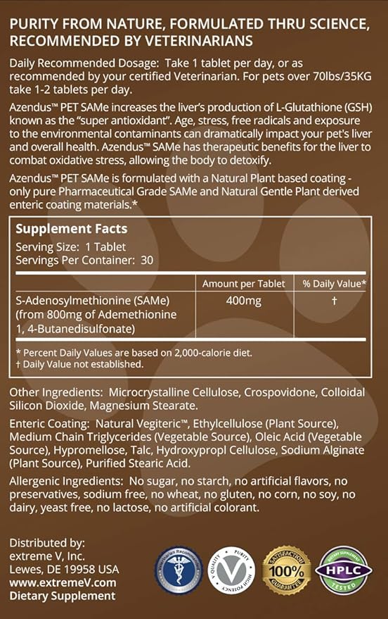 Azendus Natural Pet SAM-e 400mg, 30 Count, Same Butanedisulfonate Fiber Enteric Coated Tablets.