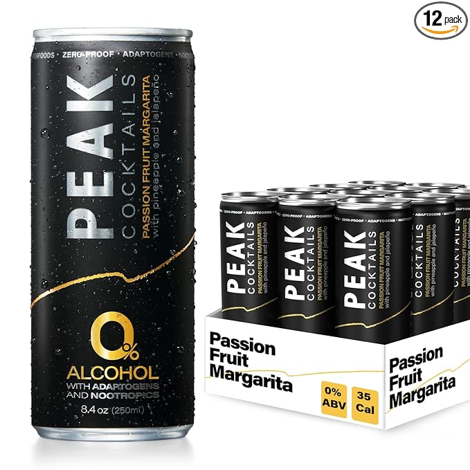 Peak Cocktails Non-Alcoholic Cocktail | Mixologist-made | Adaptogens, Nootropics, Superfoods for Recovery, Calm, Sleep | Ashwagandha, Tart Cherry, L-Theanine | Passion Fruit Margarita | 8.4oz, 12-Pack
