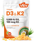 VEV Vitamin D3 K2, 5000 IU D3 100mcg K2 (MK 7), 300 Softgels, Corefeel 2-in-1 Vitamin D & K Supplement with Coconut Oil, Supports Calcium Absorption and Bone Health, Easy to Swallow
