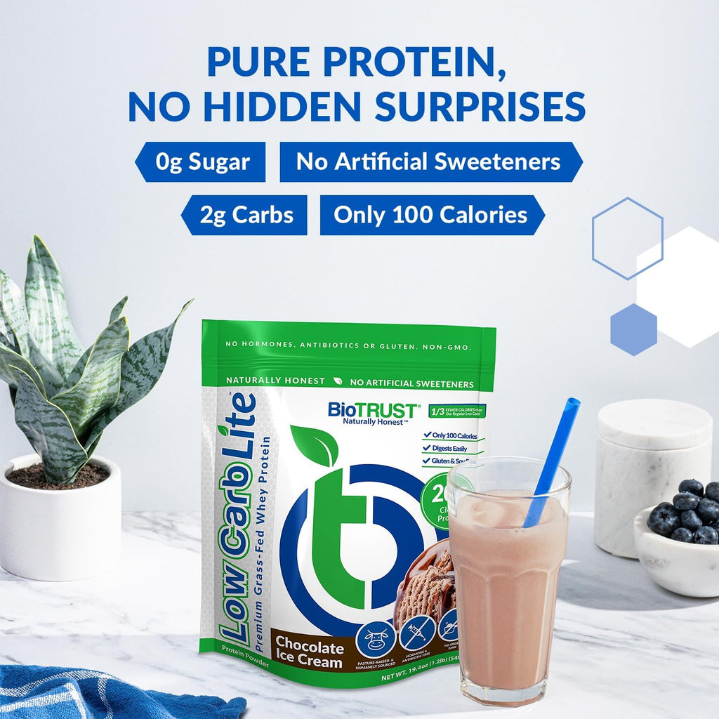 BioTrust Low Carb Lite, 20 Grams of Grass-Fed Whey Protein Isolate, 100 Calories, ProHydrolase Digestive Enzymes, Non-GMO, Free from Soy and Gluten, rBGH-Free (14 Servings) (Chocolate Ice Cream)