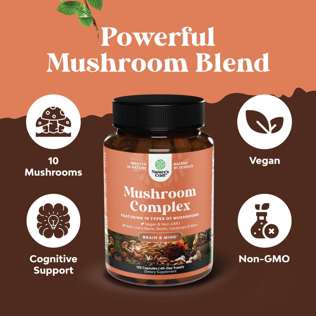 Advanced Mushroom Complex Capsules - 10X Lions Mane Supplement Capsules with Reishi, Chaga, Maitake & Shiitake for Brain Health, Memory Support & Focus - Nootropic for Mental Clarity - 30 Caps