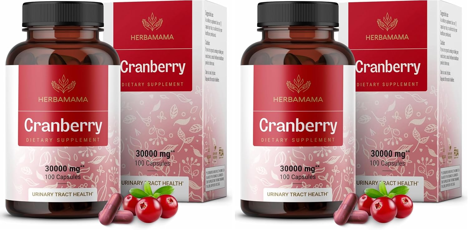HERBAMAMA Cranberry Extract Capsules - 30,000mg Cranberry Powder for Urinary Tract Support - Vegan, Non-GMO Bladder Support Supplement, 100 Caps (Pack of 2)