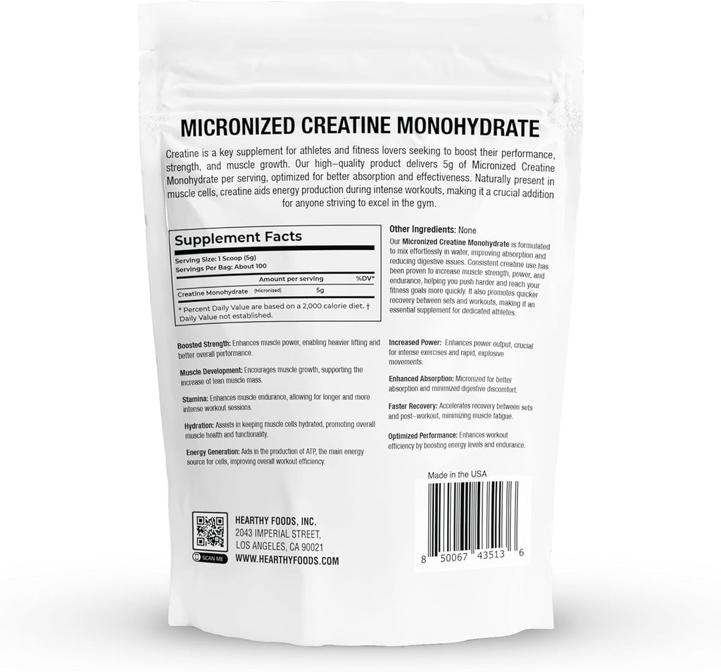 HEARTHY FOODS Creatine Monohydrate Micronized Powder 500G - 100 Servings, 5000mg Per Serving (5g) - 17.64 Oz for Men & Women Muscle Growth & Recovery - UNFLAVORED