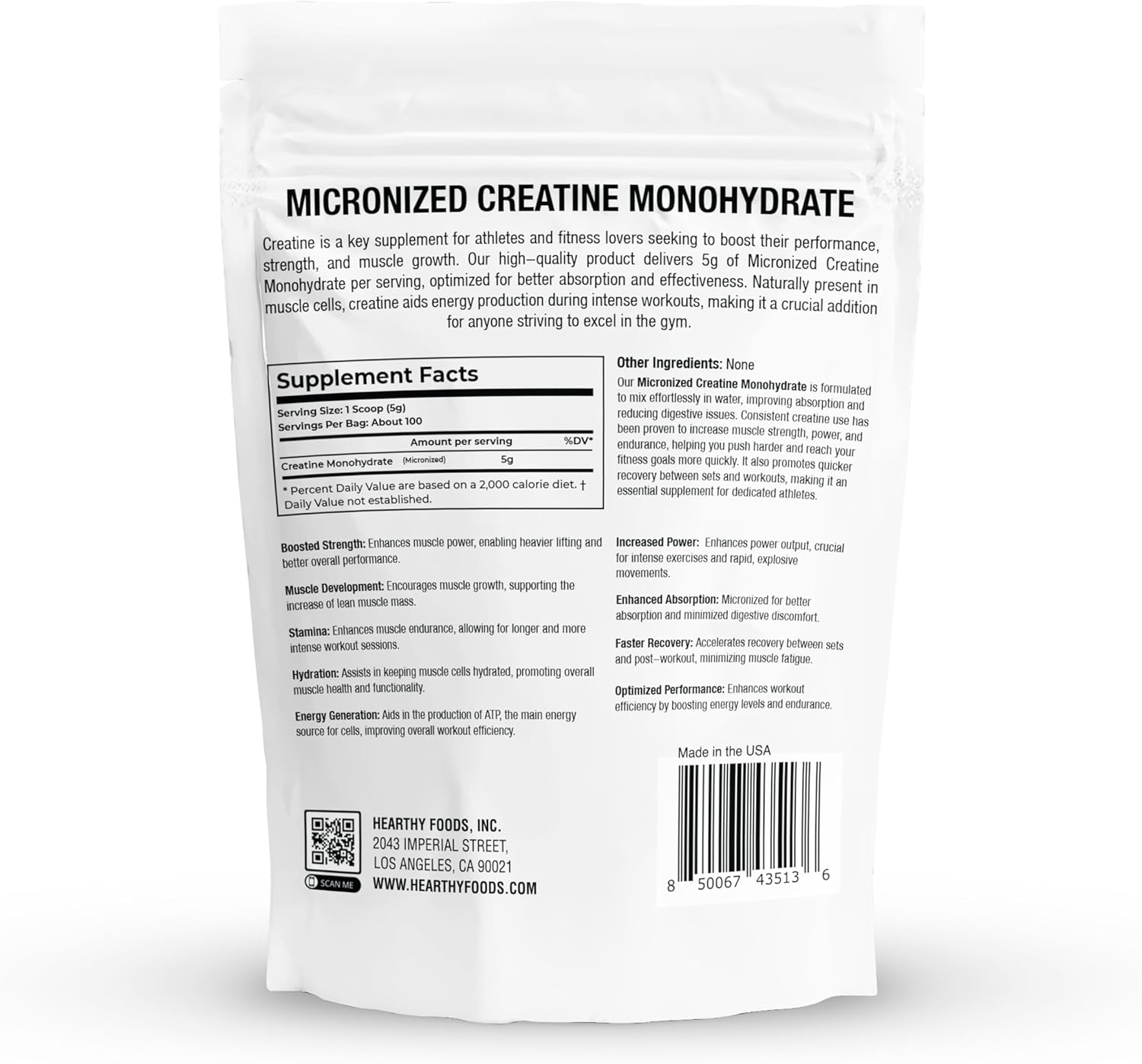 HEARTHY FOODS Creatine Monohydrate Micronized Powder 500G - 100 Servings, 5000mg Per Serving (5g) - 17.64 Oz for Men & Women Muscle Growth & Recovery - UNFLAVORED
