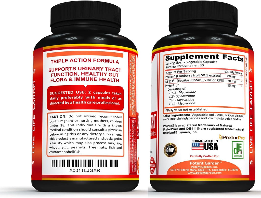Potent Garden Urinary Support Womens Probiotic for Urinary Tract Health for Women, Cranberry Capsules with 5 Billion CFUs Cranberry Extract, Prebiotics and Probiotics for Women, 60 Caps, 30 Servings