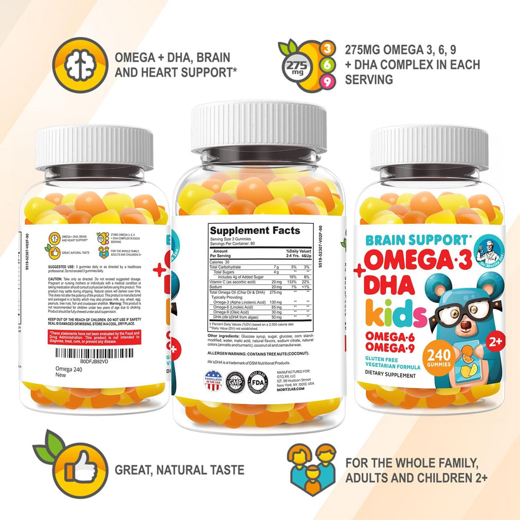 DR. MORITZ Vegan Omega 3 Gummies for Kids and Toddlers (240 Count), Kids Omega 3 Gummies for Brain & Heart Health, No Fish Oil & Gluten Free